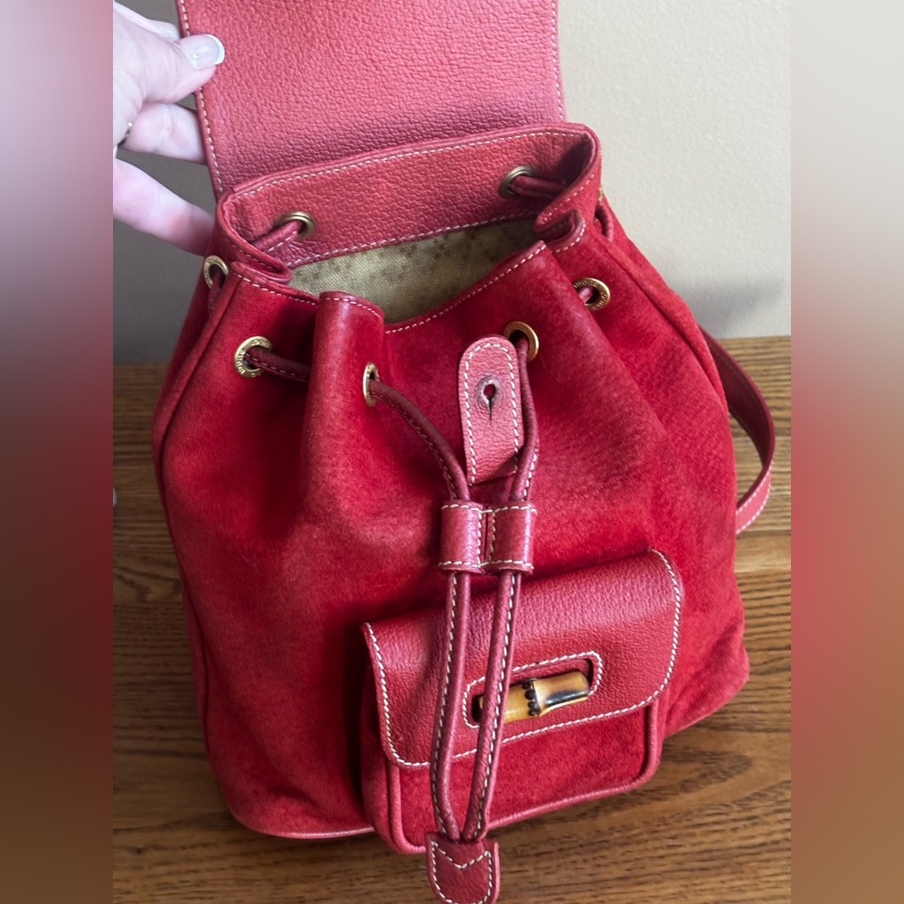 GUCCI BAMBOO (MINI) BACKPACK RED SUEDE LEATHER. 
NEWLY CLEANED AND CONDITIONED - Picture 5 of 16